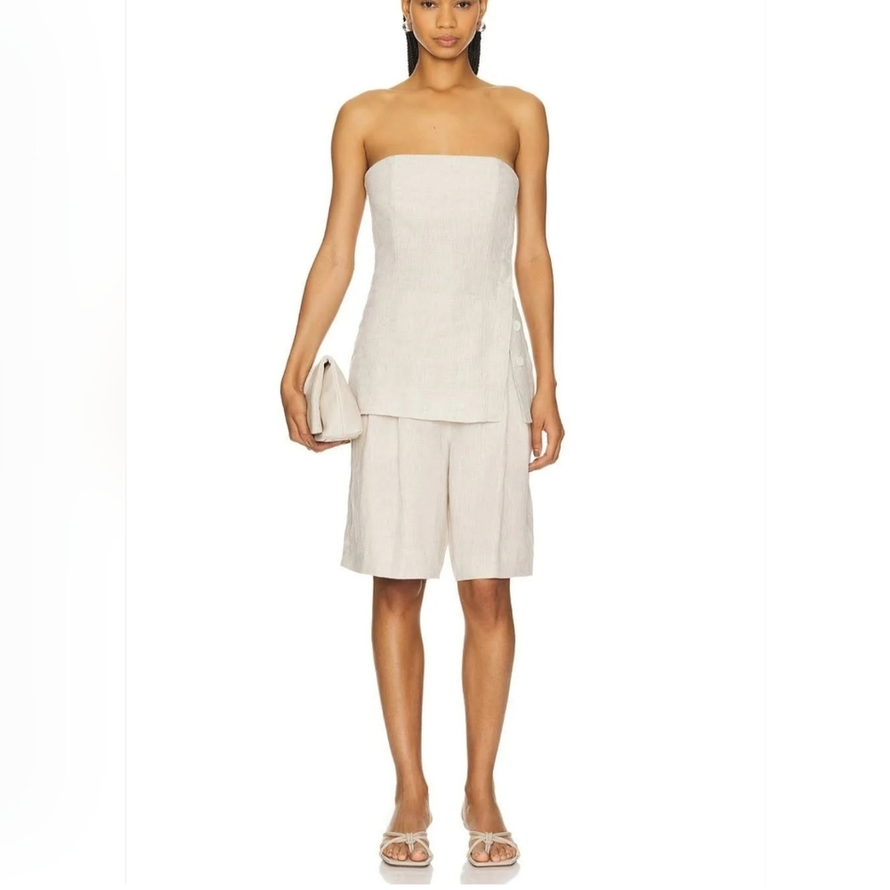 GRLFRND New (M) In Natural Linen High Waisted Pleated Long Bermuda Shorts